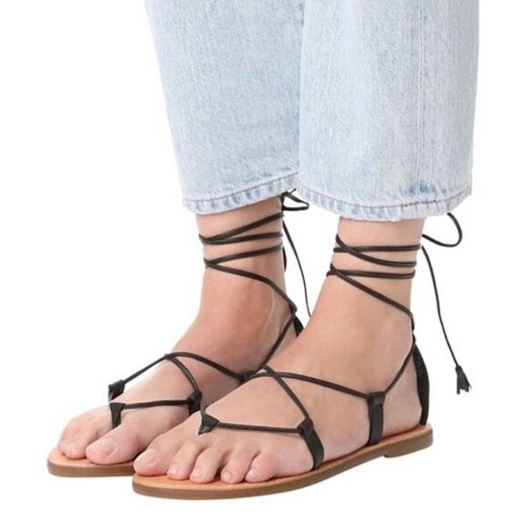 Madewell The Boardwalk Lace Up Greek Gladiator Sandal Black Leather Women's 8.5 - Picture 1 of 10